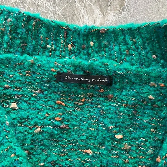 💚 Do Everything In Love Open Front Varsity Cardigan OS Flecked Kelly Green - Picture 4 of 7